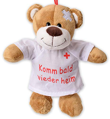 TE-Trend Plüsch Teddybär Gute Besserung Teddy Genesungsgeschenke Bär Glücksbringer Kuscheltier T-Shirt Komm Bald Wieder heim 24cm Braun