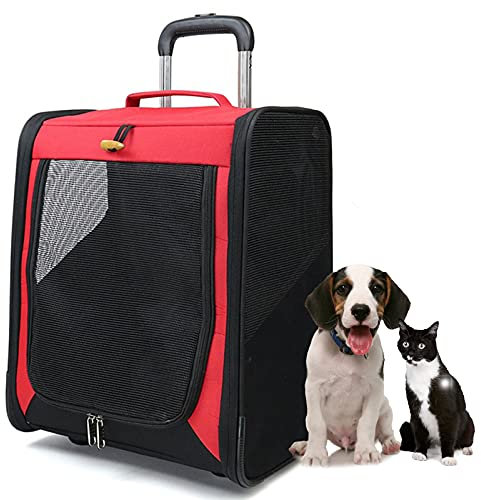 PJDDP Hundetrolley Und Hunde Rucksäcke,Katzen Transportboxen, 2 in 1 Mit Soften Schulterriemen Und Stabilen Rollen Bis 7 Kg,Reisetasche Mit Rädern Für Hunde, Katzen, Haustiere,Rot
