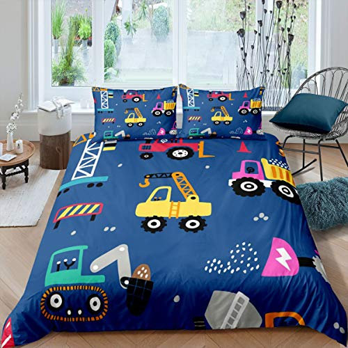 Funda de edredón para niños excavadora de vehículos de construcción cubierta de edredón de dibujos animados maquinaria pesada coches juego de cama para adultos azul oscuro ropa de cama y lino ultra
