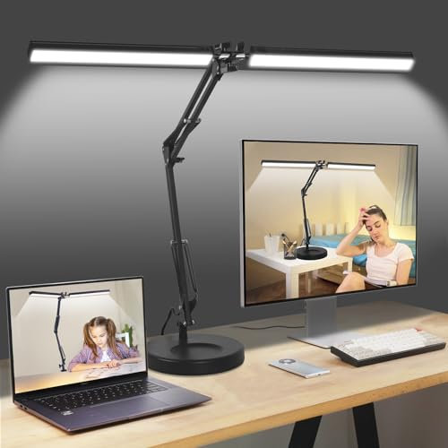 NOEVSBIG LED-Schreibtischlampe 2 in 1 Augenschutzlampe mit 3 Farbmodi, Doppelkopf-Tischlampe, Büro-Werkbanklampe, Leselampe mit Speicherfunktion Desk Lamp