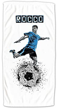 GRAZDesign Fußball Handtuch mit Namen Badetuch für Jungen von 2-10 Jahren Strand-Tuch 100x50cm Fußballer in blau