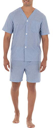 Fruit of the Loom Men's Broadcloth Short Sleeve Pajama Set, Blue Striped, L