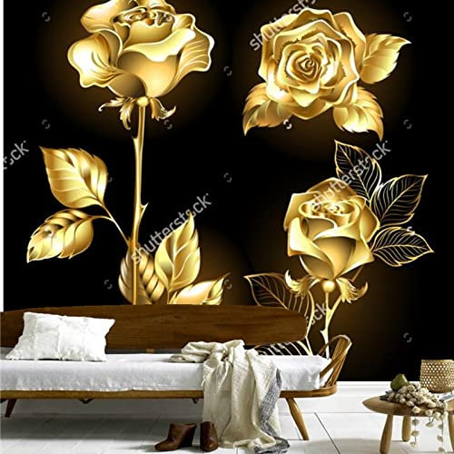 Rosentapete, Set aus goldenen, glänzenden Rosen, Vintage-Muster für Wohnzimmer, Schlafzimmer, Esszimmer, Vinyltapete * 300 cm x 210 cm (118,1 x 82,7 Zoll)
