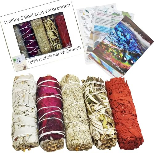 kit Sauge Blanche Purification Maison, Sauge Pétales de Rose, Sinuata Blanche, Bleu et Yerba Santa - Encens Naturel - Idéal pour Purifier, méditer et se détendre - Rituel Purifiant Énergétique