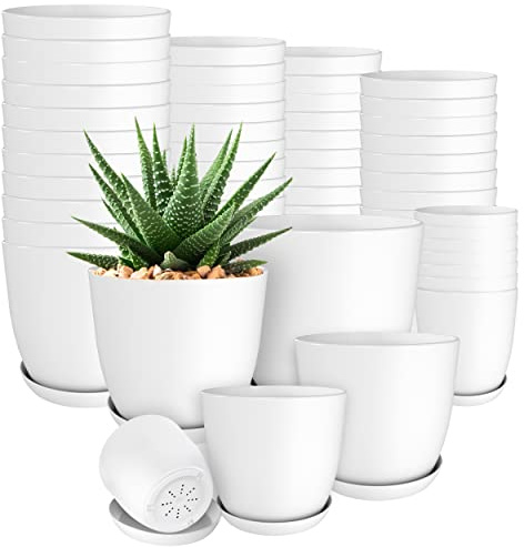 Plant Pots Indoor with Drainage, 60 Pack Multi-Size Planters Set, White | Drainage holes included Multiple sizes 7/6.6/6/5.3/4.8 In Indoor plants and flowers Durable plastic construction