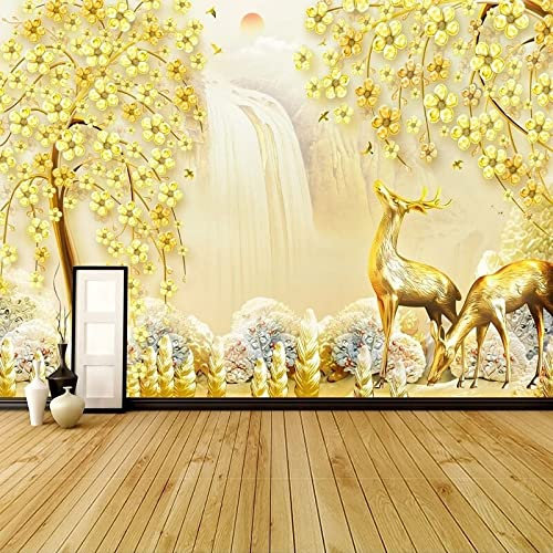 XAONUO Or Papier Peint Photo 3D Optique Arbres Dorés Chacun Trompe L Oeil | Déco Mural Tableaux Muraux Photo 400X280Cm Mural Décor Motif Poster Géant Stickers Muraux Optique Fond Effet