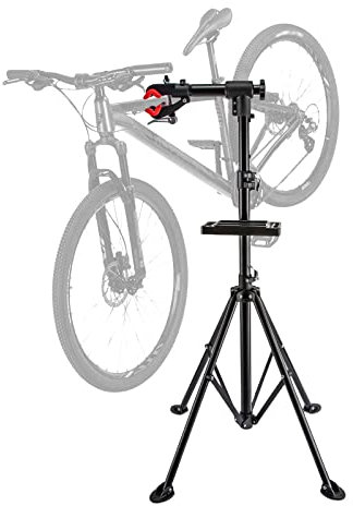 SHZICMY Fahrrad Montageständer inkl. Ausgleichsstange&Werkzeugablage, Reparaturständer Höhenverstellbar Fahrradmontageständer 360° Drehbar für alle Fahrradarten bis 50kg