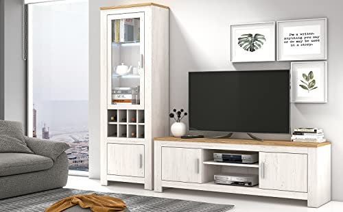 JUANIO Conjunto de Salón Vitrina, Mueble TV 2 Puertas Color Roble, Pino Andersen
