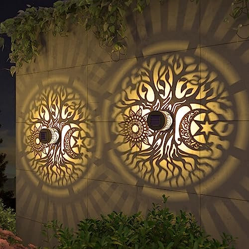 Gardencave 2 Pack Solar Fence Lights - Tree Pattern, Metal, Waterproof, Solar Powered, Outdoor Wall Lights