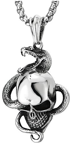 COOLSTEELANDBEYOND Herren Edelstahl Punk Rock Schlange Schädel Anhänger Halskette, 75cm Weizenkette