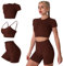 IMEKIS Damen 3 tlg Fitness Set Nahtlose Gym Yoga Kleidung Workout Sport Outfit Sport-BH mit Crop-Top und Shorts Frauen Slim Fit Sommer Biker Activewear Laufanzug Sportanzug Kaffee S
