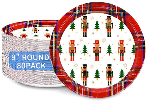 DYLIVeS Christmas Paper Plates, 80 Count Xmas Decorative Party Plates Tartan Plaid with Nutcrackers Christmas Tree Disposable Dinner Plates 9 inch Xmas Supplies for Birthday Cocktail Christmas Party