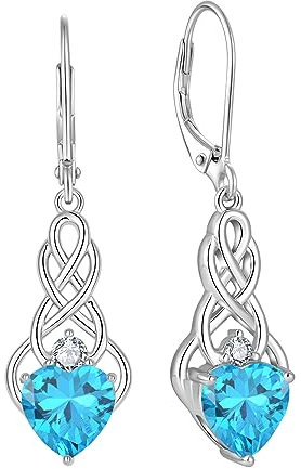 FJ Unendlichkeit Keltischer Knoten Ohrringe Damen 925 Sterling Silber Hängend Ohrringe Aquamarin März Geburtsstein Ohrringe Irischer Glücksschmuck Geschenke für Frauen