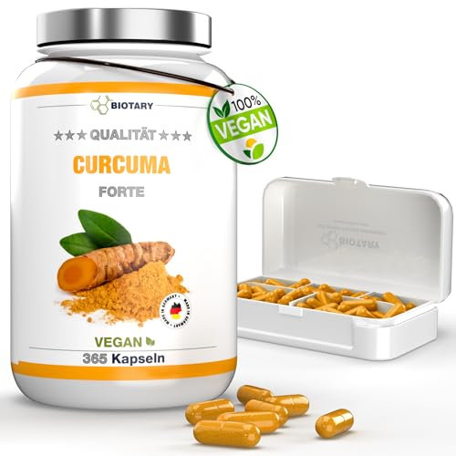Curcuma Forte - 365 gélules - 4500 mg par portion quotidienne - pilulier inclus - Hautement dosé - Vegan - Poivre noir - Testé en laboratoire
