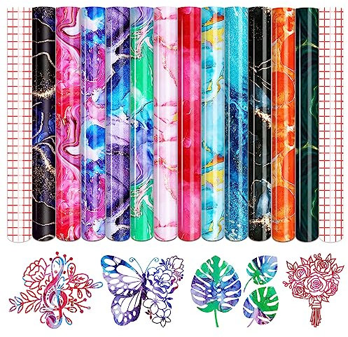 Tintnut Vinylfolie Plotter, 12Pack 30cmx 25cm Marmor Plotterfolie Vinyl mit 2 Transferfolie Plotter für Cricut, und andere Plotter