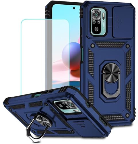 Jhxtech Funda para Redmi Note 10/Redmi Note 10S/Poco M5S con protector de pantalla de vidrio templado y cubierta de cámara deslizante, anillo magnético, soporte de coche, funda protectora para Xiaomi