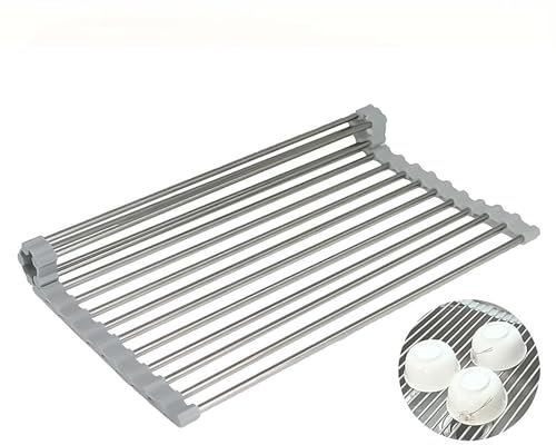 UEPOA Escurridor enrollable, 37 x 25 cm, rejilla de goteo de acero inoxidable, plegable, estante de secado sobre fregadero, rejilla de acero inoxidable para escurrir platos, verduras, frutas