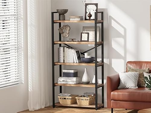 Acovy 5 Tier Solid Real Wood Bookshelf Rustic Industrial Style, Wooden Storage Shelves Etagere Bookcase Book Shelf Display Shelf for Home Office, Dark Brown