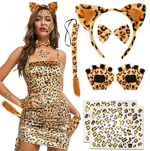 Hifot 7 Stück Leoparden Kostüm Damen Kinder,Katzenohren Haarreif Schwanz Fliege Tattoo Handschuhe Tierkostüm Kostüme Zubehör Fasching Karneval Party