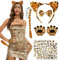 Hifot 7 Stück Leoparden Kostüm Damen Kinder,Katzenohren Haarreif Schwanz Fliege Tattoo Handschuhe Tierkostüm Kostüme Zubehör Fasching Karneval Party