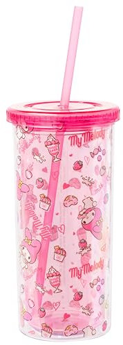 Silver Buffalo Sanrio My Melody Strawberry Toss Pattern Plastic Tall Cold Cup w Lid and Straw, 20 Ounces