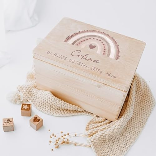 wunderwunsch® - Personalisierte Erinnerungsbox Baby mit Spezial-Druck - Baby Erinnerungsbox - Erinnerungskiste aus Holz - Geschenk zur Geburt (rosa, S | Klappdeckel)
