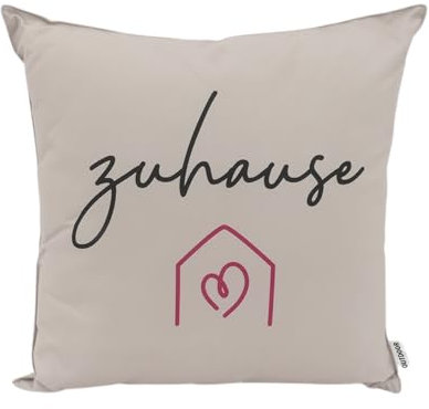 CB Home & Style Outdoor Garten Kissen Wasserabweisend 45x45cm mit Füllung Schriftzug Zuhause (Zuhause - beige/schwarz/pink)