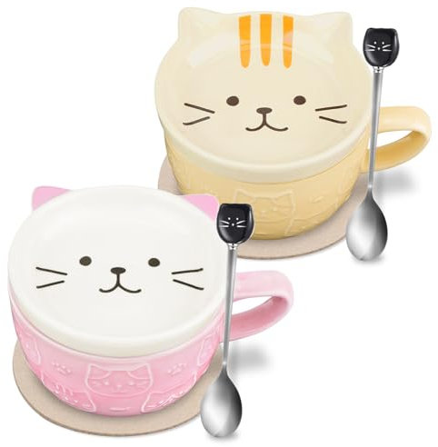 2pcs Kawaii Tazas de Cafe de Cerámica Con Tapa, Engraçadas Animales Tazas para Navidad, Juego de Taza Gato de Dibujos Animados para Niñas, Amigas, Mamás