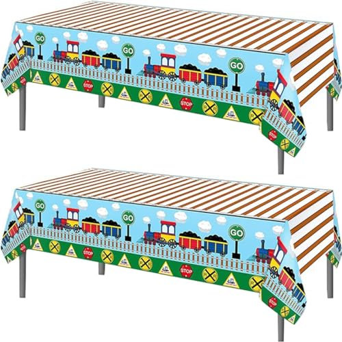 TOKYMOON 2 Pack of Disposable Rectangular 54x87In Train Themed Striped Tablecloths for Kids Baby Shower