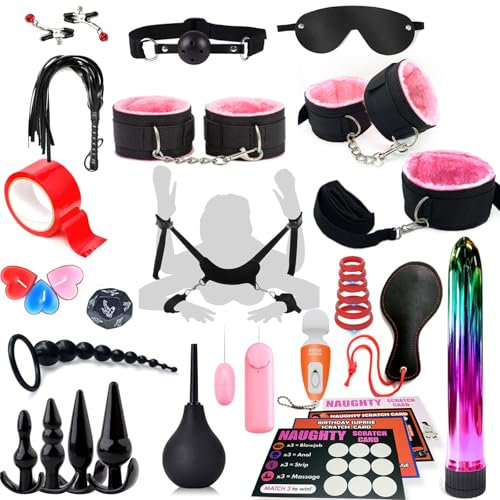 Jouets BDSM pour couples adultes, 33 Pièces Kits de Bondage SM Erotiques Ensemble de Servitude Sextoys Anal Plug Butt Plug Set pour Les Débutants Jouets Sexuels