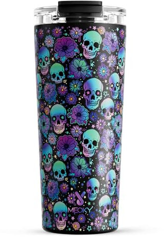 Meoky 24 oz Halloween Travel Coffee Mug with Leak-proof Lid, Stainless Steel Insulated Coffee Tumbler, Keeps Hot for 8 Hours or Cold for 24 Hours, Fits in Car Cup Holder (Black Skull)