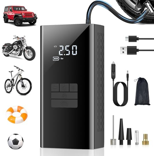 Vyzlix 6000mAh/150PS Mini Compressore Aria Portatile Auto, Porta Type-C Integrata, Luce LED, può Fungere da Power Bank Mobile, Adatto per Auto, Moto, Biciclette, Palloni (Compatto/Nero)
