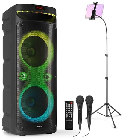 Fenton Track610 Karaoke Machine with Lyric Screen, Bluetooth Speaker, Home System, Tablet Stand, 2 Microphones, Rechargeable Battery, Mic Stand, Adults Karaoke Setup