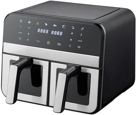 Friggitrice ad Aria STANEW, Doppia Zona Con Finestra di Visualizzazione, Friggitrice Senza Olio da 9L, 8 Programmi di Cottura, Touchscreen, Avviso di Vibrazione, Nero