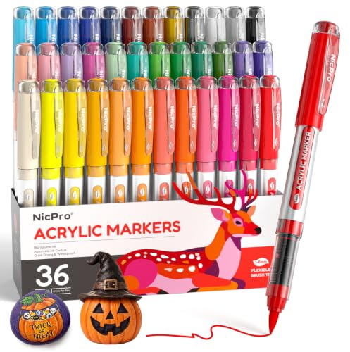 Nicpro 36 Farben Acrylstifte, wasserbasiert, auslaufsicher, mit automatischer Tintenregulierung, wasserfest, Lackstift,Textilstifte, Acrylic Marker ideal für Stein, Holz, Glas, Keramik und Stoff