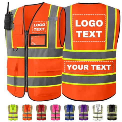 WolunLi Personalisierte Sicherheitsweste mit Namen Text Logo reflektierende Warnwesten mit Taschen, Warnweste bedruckt für Unternehmen Orange XL
