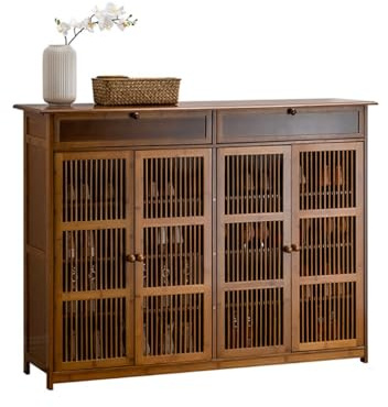 Zapatero de Bambú Ventilado con Puertas de Rejilla, Mueble para Zapatos Antihumedad de Base Elevada, Cajón Oculto y Estantes Desmontables, Recibidor Entrada, 130x35x100cm