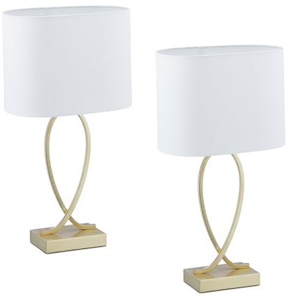Relaxdays Tischlampe, 2er Set, Metallfuß & Stoffschirm, E27, HxBxT: 51x28x18 cm, Nachttischlampe Schlafzimmer, Gold/weiß