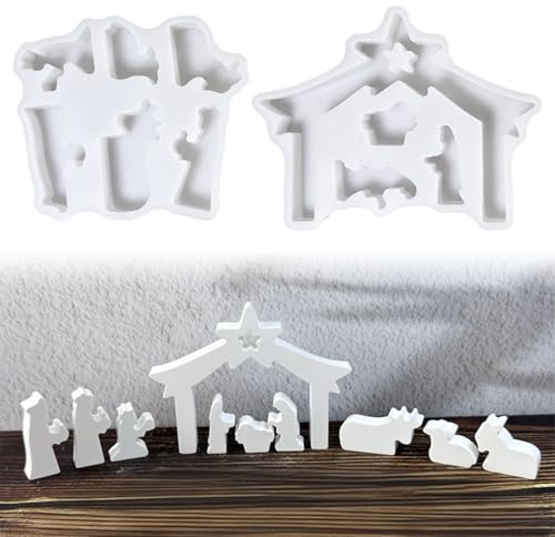 2 Stück Krippe Silikon Gießform, 3D Haus Silikonform Krippe Silikonformen Gießformen Weihnachten Gießformen Silikon Krippe Gips zum Gießen Krippenfiguren Gießform Weihnachten für Handwerk (A)