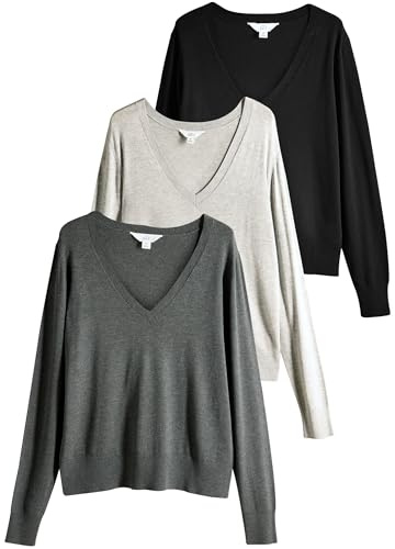 THE SET Mujeres Pack de 3 jerséis de Punto Fino con Cuello de Pico Black/Charcoal Grey/Grey Marl S