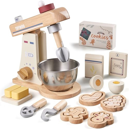 Wooden Toy Mixer for Kids Play Kitchen Accessories Wooden Play Food Sets with Whisk,Traditional Beaters,Dough Hooks Pretend Play Cooking Set Toy Gift for Boys Girls Ages 3+