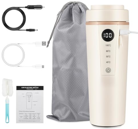 24V/12V Car Electric Kettle, Portable Travel Electric Heating Cup, 500ML Car Electric Tea Kettle and Coffee Cup, Electric Vehicle Heating Water Cup With LCD Temperature Display (12V Car Socket+Type-C)