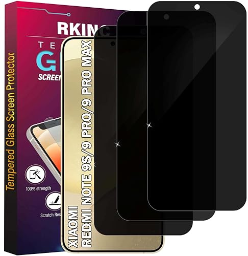 RKINC Protector pantalla privacidad para Xiaomi Redmi Note 9S, 9 Pro, [3 Piezas] Cristal templado película de vidrio, Ángulo de privacidad mejorado, Dureza 9H, Sin Burbujas