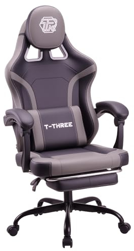 T-THREE.Ergonomic high-back gaming, computer, office, study, swivel, and racing-style chair with adjustable lumbar and headrest support, 150kg weight capacity, ideal for home office(Grey)