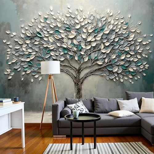 JEDTAKCT Papier Peint Motif Relief Arbre De Vie 3D Plante Vintage, Papier Peint Panoramique Tableaux Photo Muraux Turquoise Utilisé Pour Chambre, Salon, Fond Tv Décoration Murale 250X175Cm