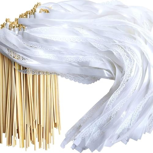 Mineup Baguettes De Mariage, 50 Pièces Bâtons De Ruban Pour Mariage, Baguettes Ruban Banderoles Avec Cloches, Serpentin Mariag Avec Cloches Pour Mariag, Anniversaire, Fête, Fête De Vacances