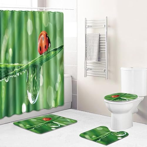 Badgarnitur 4 Teilig Badezimmerteppich Waschbar Badematte rutschfest,Wc Vorleger Mit Ausschnitt Badematte Und Duschvorhang,Badvorleger Toilette Teppich 45X75Cm Insekten