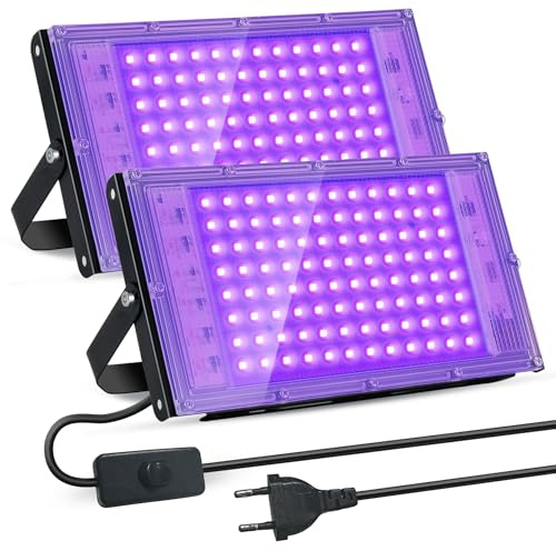BOSYTRO UV Schwarzlicht 2 Stück, 100W Blacklight, IP66 Wasserdichte Schwarzlicht Led Strahler, UV Licht Schwarzlichtlampe, für Disco, Glow Party, Halloween Deko, Bühnenbeleuchtung, Party Zubehör