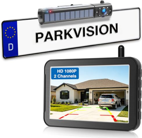 PARKVISION 5 Rückfahrkamera kabellos Solar Kit, HD 1080P, 5000mAh Akku | IP68, einfache Installation, Weitwinkel Nachtsicht Funk Rückfahrkamera Set Einparkhilfe für Kleiner Pick-up, SUV und PKW