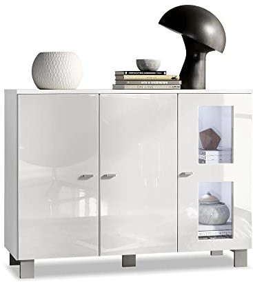 Vladon Sideboard Denjo, Made in Germany, Kommode mit 3 Türen, Weiß matt/Weiß Hochglanz, inkl. LED-Beleuchtung (107 x 81 x 35 cm)